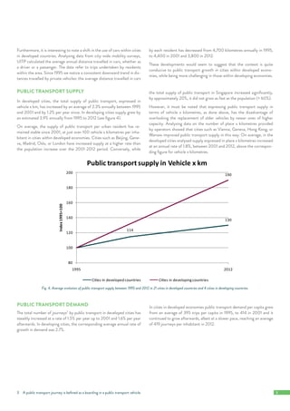  3		
Furthermore, it is interesting to note a shift in the use of cars within cities
in developed countries. Analysing data from city-wide mobility surveys,
UITP calculated the average annual distance travelled in cars, whether as
a driver or a passenger. The data refer to trips undertaken by residents
within the area. Since 1995 we notice a consistent downward trend in dis-
tances travelled by private vehicles: the average distance travelled in cars
by each resident has decreased from 4,700 kilometres annually in 1995,
to 4,400 in 2001 and 3,800 in 2012.
These developments would seem to suggest that the context is quite
conducive to public transport growth in cities within developed econo-
mies, while being more challenging in those within developing economies.
PUBLIC TRANSPORT SUPPLY
In developed cities, the total supply of public transport, expressed in
vehicle x km, has increased by an average of 2.3% annually between 1995
and 2001 and by 1.2% per year since. In developing cities supply grew by
an estimated 3.9% annually from 1995 to 2012 (see figure 4).
On average, the supply of public transport per urban resident has re-
mained stable since 2001, at just over 100 vehicle x kilometres per inha-
bitant in cities within developed economies. Cities such as Beijing, Gene-
va, Madrid, Oslo, or London have increased supply at a higher rate than
the population increase over the 2001-2012 period. Conversely, while
the total supply of public transport in Singapore increased significantly,
by approximately 20%, it did not grow as fast as the population (+ 60%).
However, it must be noted that expressing public transport supply in
terms of vehicle x kilometres, as done above, has the disadvantage of
overlooking the replacement of older vehicles by newer ones of higher
capacity. Analysing data on the number of place x kilometres provided
by operators showed that cities such as Vienna, Geneva, Hong Kong, or
Warsaw improved public transport supply in this way. On average, in the
developed cities analysed supply expressed in place x kilometres increased
at an annual rate of 1.8%, between 2001 and 2012, above the correspon-
ding figure for vehicle x kilometres.
114
130
190
80
100
120
140
160
180
200
1995 2012
Index1995=100
Public transport supply in Vehicle x km
Cities in developed countries Cities in developingcountries
Fig. 4. Average evolution of public transport supply between 1995 and 2012 in 21 cities in developed countries and 4 cities in developing countries.
PUBLIC TRANSPORT DEMAND
The total number of journeys3
by public transport in developed cities has
steadily increased at a rate of 1.5% per year up to 2001 and 1.6% per year
afterwards. In developing cities, the corresponding average annual rate of
growth in demand was 2.7%.
In cities in developed economies public transport demand per capita grew
from an average of 395 trips per capita in 1995, to 414 in 2001 and it
continued to grow afterwards, albeit at a slower pace, reaching an average
of 419 journeys per inhabitant in 2012.
3  A public transport journey is befined as a boarding in a public transport vehicle.
 