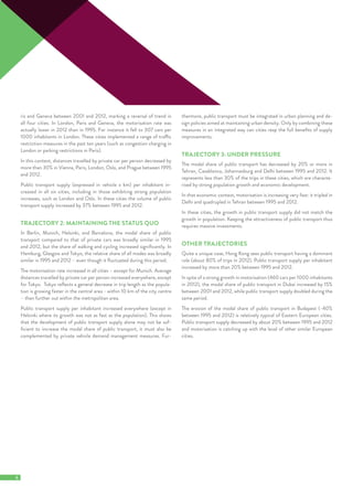 6	
ris and Geneva between 2001 and 2012, marking a reversal of trend in
all four cities. In London, Paris and Geneva, the motorisation rate was
actually lower in 2012 than in 1995. For instance it fell to 307 cars per
1000 inhabitants in London. These cities implemented a range of traffic
restriction measures in the past ten years (such as congestion charging in
London or parking restrictions in Paris).
In this context, distances travelled by private car per person decreased by
more than 30% in Vienna, Paris, London, Oslo, and Prague between 1995
and 2012.
Public transport supply (expressed in vehicle x km) per inhabitant in-
creased in all six cities, including in those exhibiting strong population
increases, such as London and Oslo. In these cities the volume of public
transport supply increased by 37% between 1995 and 2012.
TRAJECTORY 2: MAINTAINING THE STATUS QUO
In Berlin, Munich, Helsinki, and Barcelona, the modal share of public
transport compared to that of private cars was broadly similar in 1995
and 2012, but the share of walking and cycling increased significantly. In
Hamburg, Glasgow and Tokyo, the relative share of all modes was broadly
similar in 1995 and 2012 – even though it fluctuated during this period.
The motorisation rate increased in all cities – except for Munich. Average
distances travelled by private car per person increased everywhere, except
for Tokyo. Tokyo reflects a general decrease in trip length as the popula-
tion is growing faster in the central area - within 10 km of the city centre
– than further out within the metropolitan area.
Public transport supply per inhabitant increased everywhere (except in
Helsinki where its growth was not as fast as the population). This shows
that the development of public transport supply alone may not be suf-
ficient to increase the modal share of public transport, it must also be
complemented by private vehicle demand management measures. Fur-
thermore, public transport must be integrated in urban planning and de-
sign policies aimed at maintaining urban density. Only by combining these
measures in an integrated way can cities reap the full benefits of supply
improvements.
TRAJECTORY 3: UNDER PRESSURE
The modal share of public transport has decreased by 20% or more in
Tehran, Casablanca, Johannesburg and Delhi between 1995 and 2012. It
represents less than 30% of the trips in these cities, which are characte-
rised by strong population growth and economic development.
In that economic context, motorisation is increasing very fast: it tripled in
Delhi and quadrupled in Tehran between 1995 and 2012.
In these cities, the growth in public transport supply did not match the
growth in population. Keeping the attractiveness of public transport thus
requires massive investments.
OTHER TRAJECTORIES
Quite a unique case, Hong Kong sees public transport having a dominant
role (about 80% of trips in 2012). Public transport supply per inhabitant
increased by more than 20% between 1995 and 2012.
In spite of a strong growth in motorisation (460 cars per 1000 inhabitants
in 2012), the modal share of public transport in Dubai increased by 15%
between 2001 and 2012, while public transport supply doubled during the
same period.
The erosion of the modal share of public transport in Budapest (-40%
between 1995 and 2012) is relatively typical of Eastern European cities.
Public transport supply decreased by about 20% between 1995 and 2012
and motorisation is catching up with the level of other similar European
cities.
 