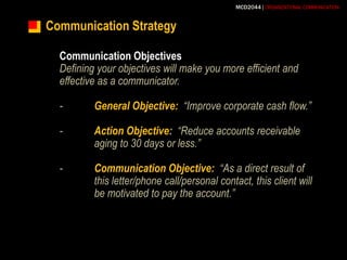 Communication StrategyCommunication ObjectivesDefining your objectives will make you more efficient and effective as a communicator.-	General Objective:  “Improve corporate cash flow.”-	Action Objective:  “Reduce accounts receivable 	aging to 30 days or less.”-	Communication Objective:  “As a direct result of 	this letter/phone call/personal contact, this client will 	be motivated to pay the account.”