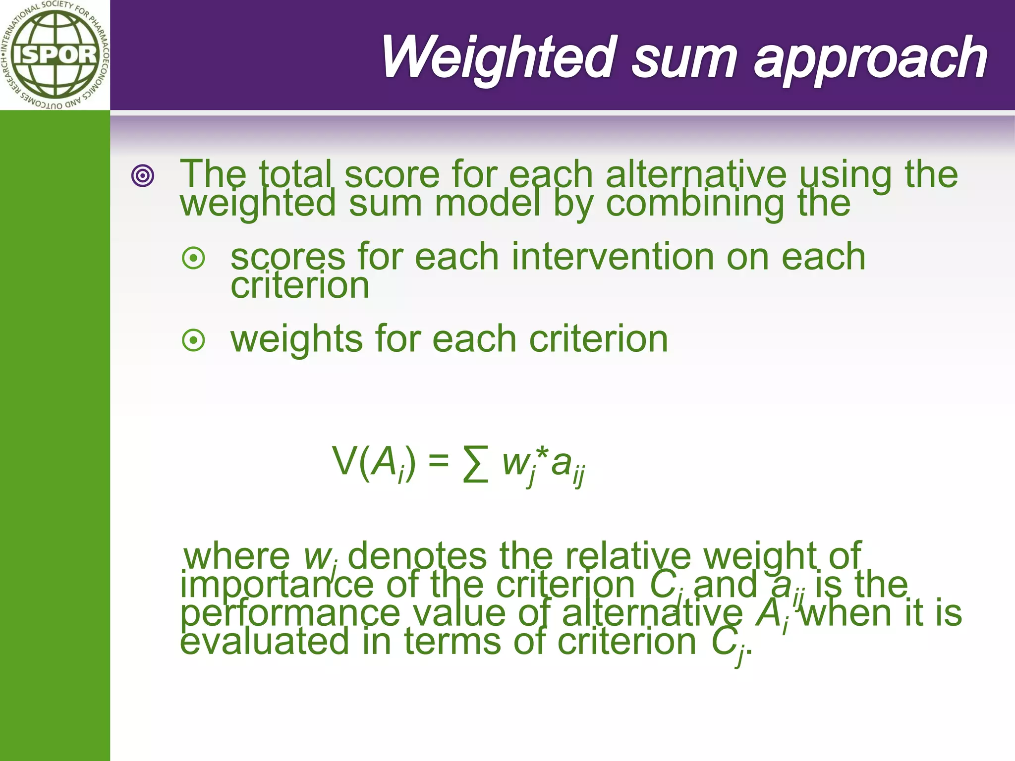 The total score for each alternative using the weighted sum model by combining the 
scores for each intervention on each criterion 
weights for each criterion 
V(Ai) = Σ wj*aij 
where wj denotes the relative weight of importance of the criterion Cj and aij is the performance value of alternative Ai when it is evaluated in terms of criterion Cj.  
