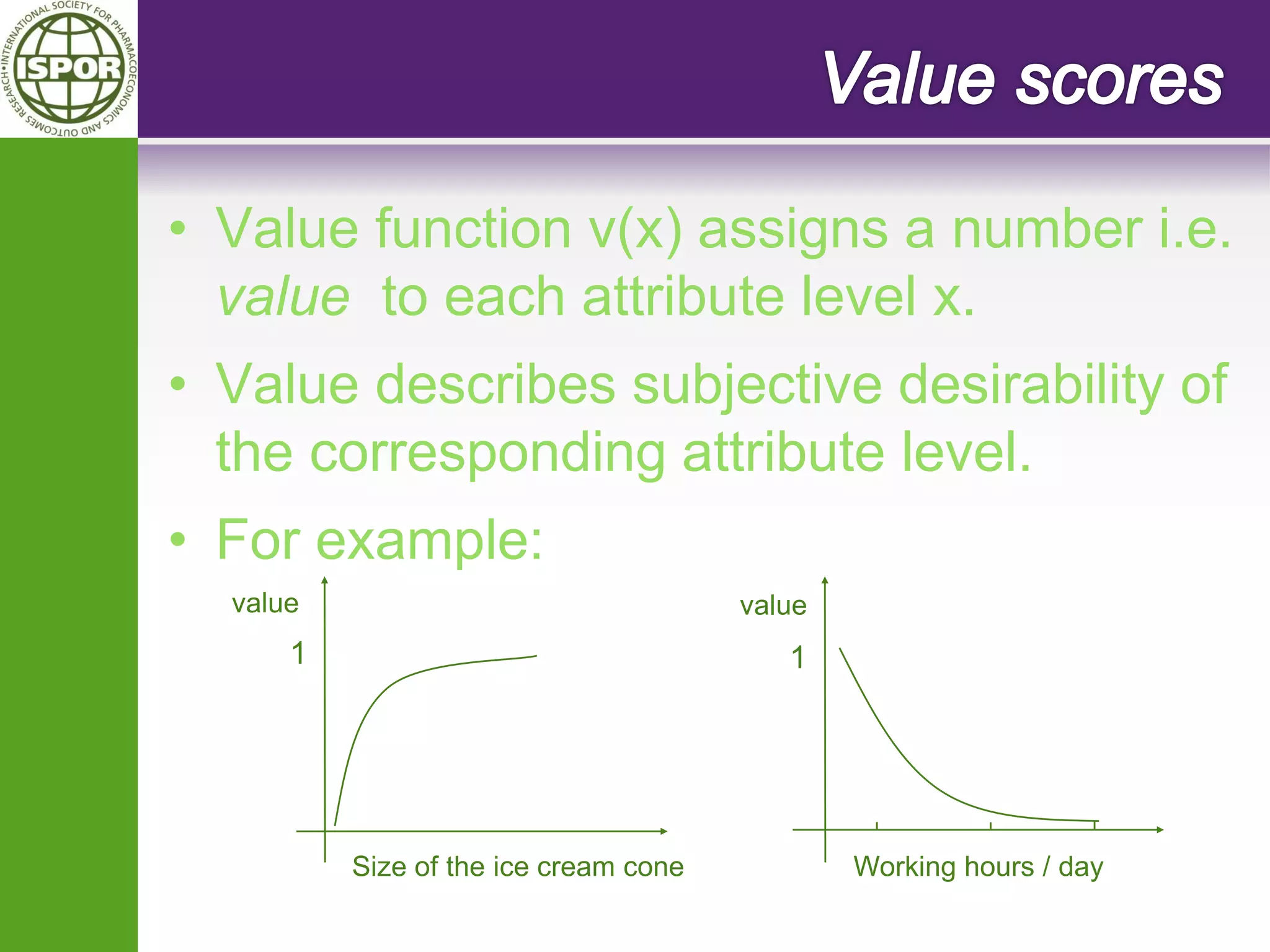 •Value function v(x) assigns a number i.e. value to each attribute level x. 
•Value describes subjective desirability of the corresponding attribute level. 
•For example: 
value 
Size of the ice cream cone 
1 
value 
1 
Working hours / day  