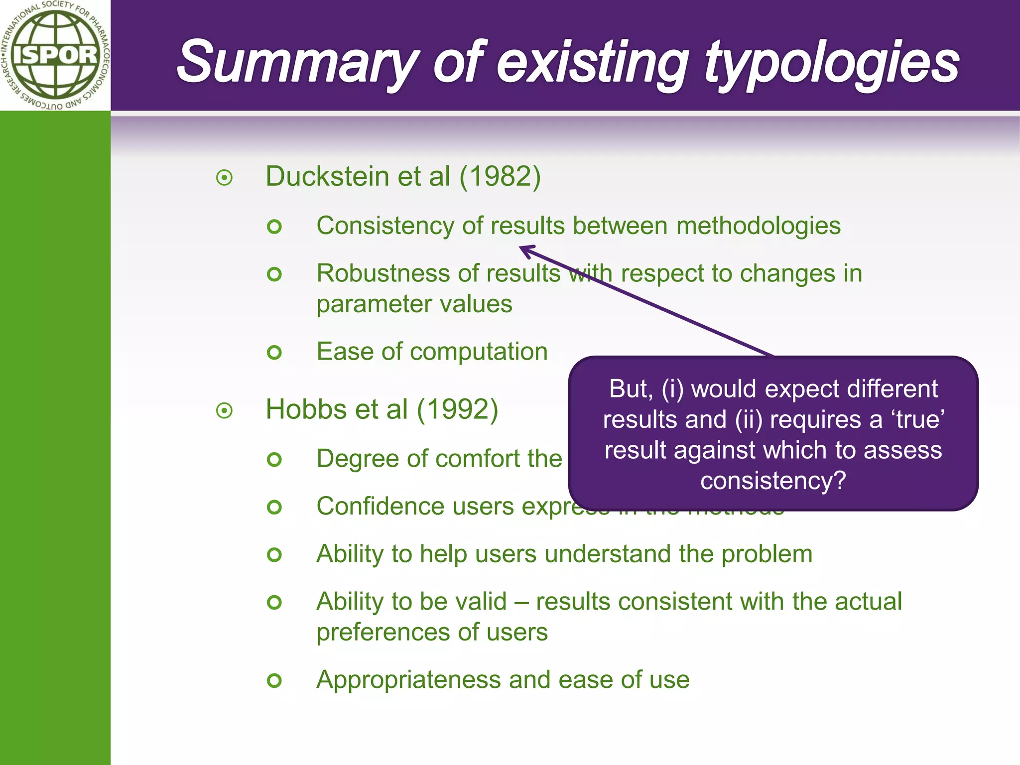 Duckstein et al (1982) 
Consistency of results between methodologies 
Robustness of results with respect to changes in parameter values 
Ease of computation 
Hobbs et al (1992) 
Degree of comfort the users feel in using the methods 
Confidence users express in the methods 
Ability to help users understand the problem 
Ability to be valid – results consistent with the actual preferences of users 
Appropriateness and ease of use 
But, (i) would expect different results and (ii) requires a ‘true’ result against which to assess consistency?  