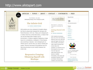 http://www.alistapart.com




SLIDE   19   Design Concept |   October 19, 2012
 