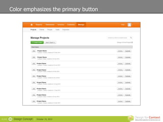 Color emphasizes the primary button




                          Client Name

                                   Project Name



                                   Project Name



                                  Project Name



                                  Project Name



                                  Project Name



                                  Project Name



                                  Project Name



                                  Project Name



                                  Project Name




SLIDE   26   Design Concept |    October 19, 2012
 