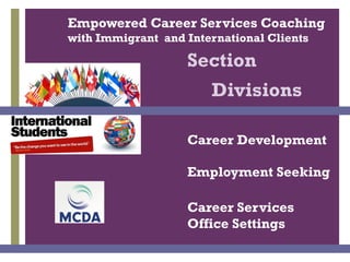 + Career Development
Employment Seeking
Career Services
Office Settings
Section
Divisions
Empowered Career Services Coaching
with Immigrant and International Clients
 