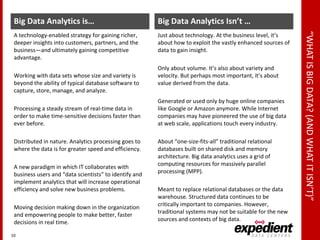 “WHATISBIGDATA?(ANDWHATITISN’T)”
Big Data Analytics is…
A technology-enabled strategy for gaining richer,
deeper insights into customers, partners, and the
business—and ultimately gaining competitive
advantage.
Working with data sets whose size and variety is
beyond the ability of typical database software to
capture, store, manage, and analyze.
Processing a steady stream of real-time data in
order to make time-sensitive decisions faster than
ever before.
Distributed in nature. Analytics processing goes to
where the data is for greater speed and efficiency.
A new paradigm in which IT collaborates with
business users and “data scientists” to identify and
implement analytics that will increase operational
efficiency and solve new business problems.
Moving decision making down in the organization
and empowering people to make better, faster
decisions in real time.
Big Data Analytics Isn’t …
Just about technology. At the business level, it’s
about how to exploit the vastly enhanced sources of
data to gain insight.
Only about volume. It’s also about variety and
velocity. But perhaps most important, it’s about
value derived from the data.
Generated or used only by huge online companies
like Google or Amazon anymore. While Internet
companies may have pioneered the use of big data
at web scale, applications touch every industry.
About “one-size-fits-all” traditional relational
databases built on shared disk and memory
architecture. Big data analytics uses a grid of
computing resources for massively parallel
processing (MPP).
Meant to replace relational databases or the data
warehouse. Structured data continues to be
critically important to companies. However,
traditional systems may not be suitable for the new
sources and contexts of big data.
10
 