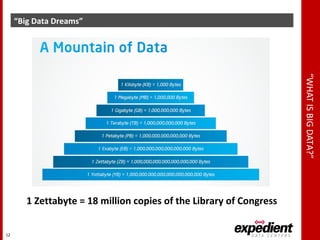 “WHATISBIGDATA?”
“Big Data Dreams”
12
1 Zettabyte = 18 million copies of the Library of Congress
 