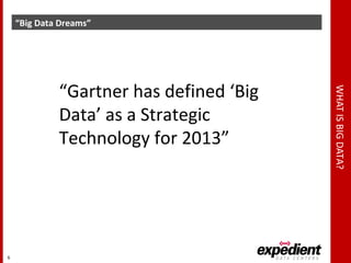 WHATISBIGDATA?
“Big Data Dreams”
6
“Gartner has defined ‘Big
Data’ as a Strategic
Technology for 2013”
 