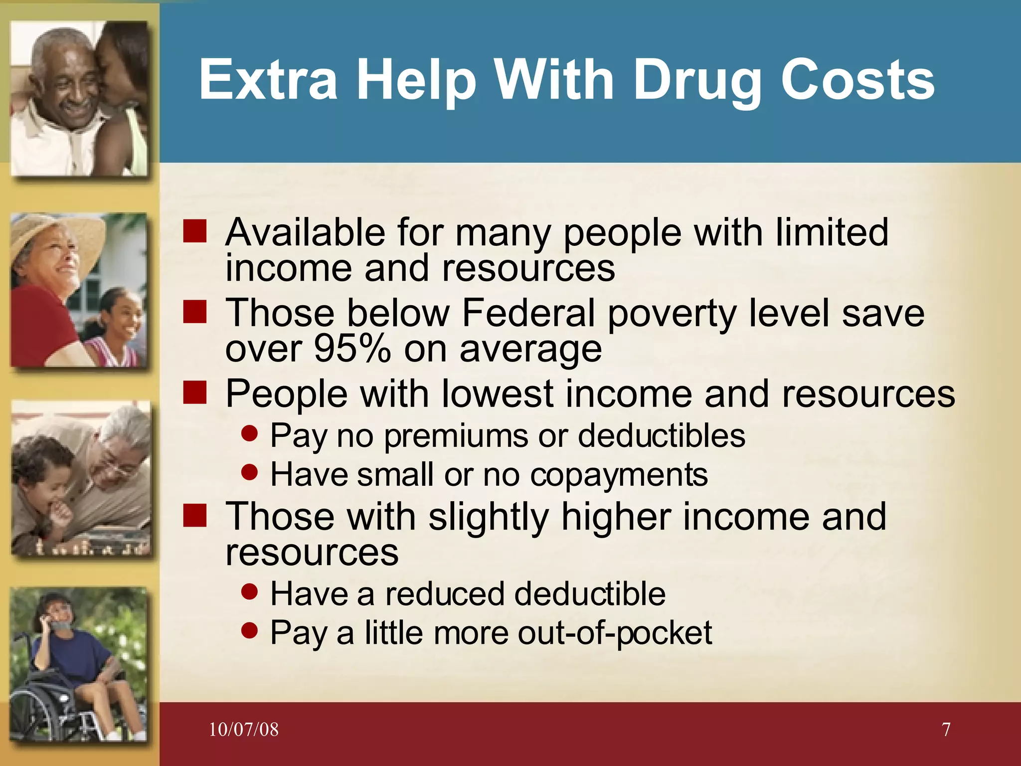 Extra Help With Drug Costs Available for many people with limited income and resources Those below Federal poverty level save over 95% on average People with lowest income and resources Pay no premiums or deductibles Have small or no copayments Those with slightly higher income and resources Have a reduced deductible Pay a little more out-of-pocket 