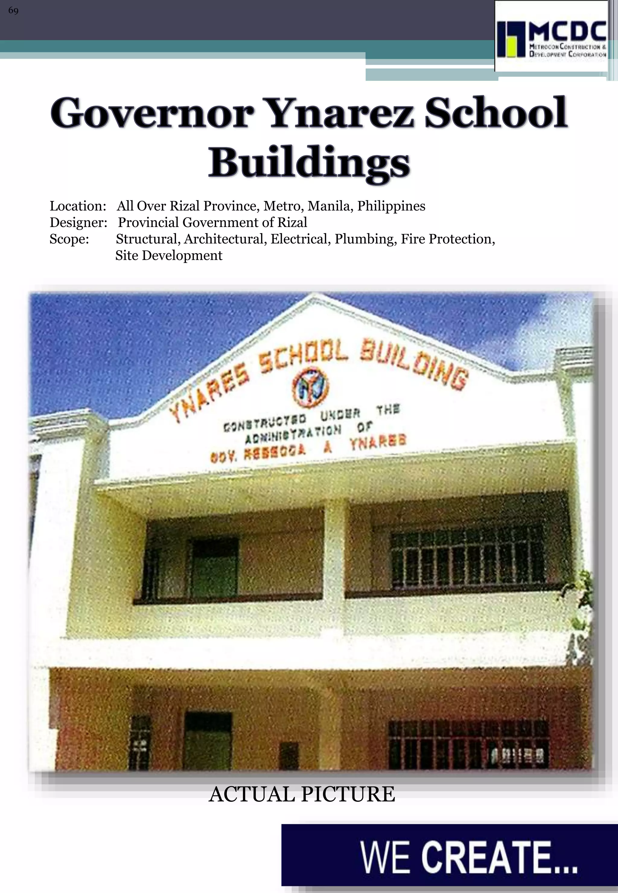 Location: All Over Rizal Province, Metro, Manila, Philippines
Designer: Provincial Government of Rizal
Scope: Structural, Architectural, Electrical, Plumbing, Fire Protection,
Site Development
ACTUAL PICTURE
69
 