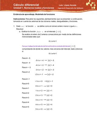 Cálculo diferencial Luis López Acosta
Unidad 1. Números reales y funciones Ingeniería Desarrollo de Software
Evidencia de aprendizaje. Modelado de funciones
Instrucciones: Resuelve los siguientes planteamientos que se presentan a continuación,
tomando en cuenta los axiomas de los números reales, desigualdades y funciones.
1. Dado x la función x se define como el número entero menor o igual a x .
Resolver:
a. Graficar la función ( )f x x en el intervalo  5,5 .
Se analiza el entero de 2 enteros consecutivos por medio de las definiciones
mencionadas tales que:
K ≤ x<k+1
Paraqueimpliquelosintervalosdeestaformalafunciónesconstantedelintervalo  5,5
comprobando de donde los valores más cercanos del intervalo dado entonces
si
K ≤ x<k+1
Para k= -5
-5 ≤ x < -4 ⟦ 𝑥⟧ = -5
Para k= -4
-4 ≤ x < -3 ⟦ 𝑥⟧ = -4
Para k = -3
-3 ≤ x < -2 ⟦ 𝑥⟧ = -3
Para k=-2
-2 ≤ x < -1 ⟦ 𝑥⟧ = -2
Para k=-1
-1 ≤ x < 0 ⟦ 𝑥⟧ = -1
Para k=0
0 ≤ x < 1 ⟦ 𝑥⟧ = 0
Para k=1
1 ≤ x < 2 ⟦ 𝑥⟧ = 1
Para k=2
2 ≤ x < 3 ⟦ 𝑥⟧ = 2
Para k=3
3 ≤ x < 4 ⟦ 𝑥⟧ = 3
Para k=4
4 ≤ x < 5 ⟦ 𝑥⟧ = 4
Para k=5
5 ≤ x < 6 ⟦ 𝑥⟧ = 5
 