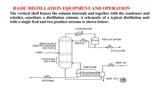 BASIC DISTILLATION EQUIPMENT AND OPERATION
The vertical shell houses the column internals and together with the condenser and
reboiler, constitute a distillation column. A schematic of a typical distillation unit
with a single feed and two product streams is shown below:
 