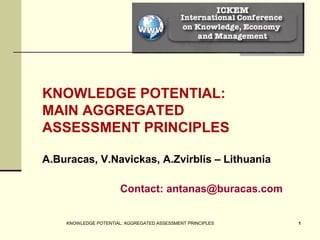 KNOWLEDGE POTENTIAL:
MAIN AGGREGATED
ASSESSMENT PRINCIPLES

A.Buracas, V.Navickas, A.Zvirblis – Lithuania

                       Contact: antanas@buracas.com
                       PROF. HAB. DR. ALGIS ŽVIRBLIS
    KNOWLEDGE POTENTIAL: AGGREGATED ASSESSMENT PRINCIPLES   1
 