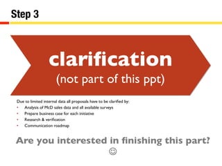 clarification 
(not part of this ppt) 
Step 3 
Due to limited internal data all proposals have to be clarified by: 
• Analysis of McD sales data and all available surveys 
• Prepare business case for each initiative 
• Research  verification 
• Communication roadmap 
Are you interested in finishing this part? 
J 
 
