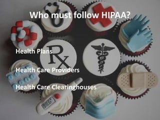 Who must follow HIPAA?<br />	Health Plans<br />	Health Care Providers Health Care Clearinghouses<br />