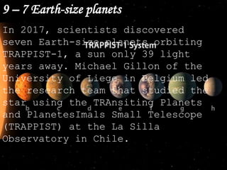 9 – 7 Earth-size planets
In 2017, scientists discovered
seven Earth-size planets orbiting
TRAPPIST-1, a sun only 39 light
years away. Michael Gillon of the
University of Liege in Belgium led
the research team that studied the
star using the TRAnsiting Planets
and PlanetesImals Small Telescope
(TRAPPIST) at the La Silla
Observatory in Chile.
 