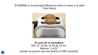 El caso de la tostadora
Útil 15’ al día: el 1% de 24 hs.
Adorno: 1.425’
¿Cómo no querer que sea bonita el 99% restante?
“El DISEÑO es la principal diferencia entre el amor y el odio”
Tom Peters
J
 