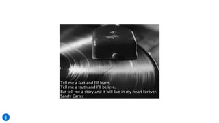Tell me a fact and I’ll learn.
Tell me a truth and I’ll believe.
But tell me a story and it will live in my heart forever.
Sandy Carter
J
 