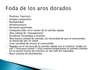 🞂
🞂
🞂
🞂
🞂
🞂
🞂
🞂
🞂
Puntos fuertes:
Imagen corporativa
Rentabilidad
Infraestructura
Personal capacitado
Compañía líder en el sector de la comida rápida.
Alta calidad de "management"
Excelente Tecnología y diseños.
Muy buena calidad de comida, sin necesidad de que el consumidor
se preocupe por su salud.
Gran variedad de menús al consumidor.
🞂
🞂 Rapidez en el servicio de la comida rápida con el sistema "ready-to-
eat" ("listo para comer"). Este sistema proporciona la comida caliente
en su punto exacto de cocción, en tan solo 60 segundos.
Buen sistema de distribución.
🞂
 