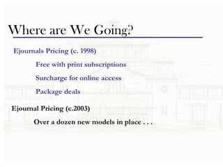 Where are We Going? Ejournals Pricing (c. 1998) Free with print subscriptions Surcharge for online access Package deals Ejournal Pricing (c.2003) Over a dozen new models in place . . . 