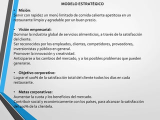 • Misión:
Servir con rapidez un menú limitado de comida caliente apetitosa en un
restaurante limpio y agradable por un buen precio.
• Visión empresarial:
Dominar la industria global de servicios alimenticios, a través de la satisfacción
del cliente.
Ser reconocidos por los empleados, clientes, competidores, proveedores,
inversionistas y público en general.
Promover la innovación y creatividad.
Anticiparse a los cambios del mercado, y a los posibles problemas que pueden
generarse.
• Objetivo corporativo:
Lograr el 100% de la satisfacción total del cliente todos los días en cada
restaurante.
• Metas corporativas:
Aumentar la cuota y los beneficios del mercado.
Contribuir social y económicamente con los países, para alcanzar la satisfacción
del 100% de la clientela.
MODELO ESTRATÉGICO
 
