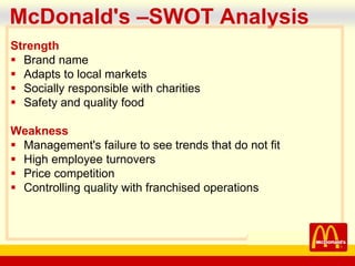 company name
McDonald's –SWOT Analysis
Strength
 Brand name
 Adapts to local markets
 Socially responsible with charities
 Safety and quality food
Weakness
 Management's failure to see trends that do not fit
 High employee turnovers
 Price competition
 Controlling quality with franchised operations
 