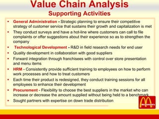 company name
 General Administration - Strategic planning to ensure their competitive
strategy of customer service that sustains their growth and capitalization is met
 They conduct surveys and have a hot-line where customers can call to file
complaints or offer suggestions about their experience so as to strengthen the
company
 Technological Development - R&D in field research needs for end user
 Quality development in collaboration with good suppliers
 Forward integration through franchisees with control over store presentation
and menu items
 HRM - Consistently provide sufficient training to employees on how to perform
work processes and how to treat customers
 Each time their product is redesigned, they conduct training sessions for all
employees to enhance their development
 Procurement - Flexibility to choose the best suppliers in the market who can
increase or decrease the amount supplied without being held to a benchmark
 Sought partners with expertise on down trade distribution
Value Chain Analysis
Supporting Activities
 