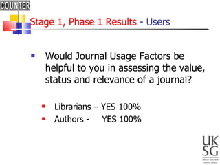 Stage 1, Phase 1 Results  - Users Would Journal Usage Factors be helpful to you in assessing the value, status and relevance of a journal?  Librarians – YES  100% Authors -    YES 100% 