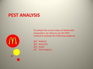 PEST ANALYSIS
To analyze the current status of McDonald’s
corporation, we chose to use the PEST
method to evaluate the following categories
 P Political
 E Economic
 S Social
 T Technological
 