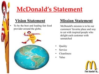 McDonald’s Statement
Vision Statement
• To be the best and leading fast food
provider around the globe.
Mission Statement
McDonald's mission is to be our
customers' favorite place and way
to eat with inspired people who
delight each customer with
unmatched
• Quality
• Service
• Cleanliness
• Value
 
