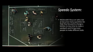 Speedo System:
• McDonald’s focus on sells a lot
at low price many quantities for
that they focused to change a
kitchen to less time to make a
sandwich and hiring many
people to make different tasks
 