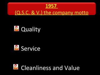 Quality
Service
Cleanliness and Value
1957
(Q.S.C. & V.) the company motto
 