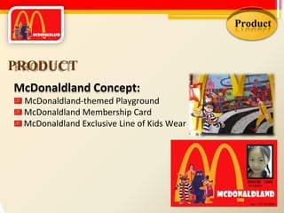 Product PRODUCT McDonaldland Concept: McDonaldland-themed Playground McDonaldland Membership Card McDonaldland Exclusive Line of Kids Wear 