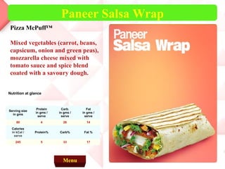 Paneer Salsa Wrap
 Pizza McPuff™

 Mixed vegetables (carrot, beans,
 capsicum, onion and green peas),
 mozzarella cheese mixed with
 tomato sauce and spice blend
 coated with a savoury dough.


Nutrition at glance



                Protein     Carb.       Fat
Serving size
               in gms /   in gms /   in gms /
  in gms
                 serve      serve      serve
     80           4         26         14

  Calories
  in kCal /    Protein%   Carb%       Fat %
    serve

    245           5         33         17




                            Menu
 
