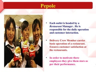 Pepole


  •   Each outlet is headed by a
      Restaurant Manager . He is
      responsible for the daily operation
      and customer interaction.

  •   Delivery Crew Member carries
      basic operation of a restaurant.
      Ensures customer satisfaction at
      the restaurants.

  •   In order to motivate there
      employees they give them stars as
      per their performance.
 