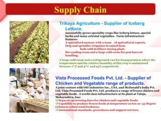 Supply Chain
  Trikaya Agriculture - Supplier of Iceberg
     Lettuce.
       successfully grows speciality crops like iceberg lettuce, special
       herbs and many oriental vegetables. Farm infrastructure
       features:
  
       A specialized nursery with a team of agricultural experts.
  
       Drip and sprinkler irrigation in raised farm
                  beds with fertilizer mixing plant.
  
       Pre-cooling room and a large cold room for post harvest
       handling.
  A large cold room and a refrigerated van for transportation where the
  temperature and the relative humidity of this crop is maintained
  between 1º C and 4º C and 95% respectively



Vista Processed Foods Pvt. Ltd. - Supplier of
Chicken and Vegetable range of products.
A joint venture with OSI Industries Inc., USA, and McDonald's India Pvt.
Ltd. Vista Processed Foods Pvt. Ltd. produces a range of frozen chicken and
vegetable foods. A world class infrastructure at its plant at Taloja,
Maharashtra, has:
 Separate processing lines for chicken and vegetable foods.
 Capability to produce frozen foods at temperature as low as -35 Degree
Celsius to retain total freshness.
 International standards, procedures and support services.
 