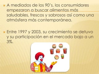    A mediados de los 90’s, los consumidores
    empezaron a buscar alimentos más
    saludables, frescos y sabrosos así como una
    atmósfera más contemporánea.

   Entre 1997 y 2003, su crecimiento se detuvo
    y su participación en el mercado bajo a un
    3%.
 