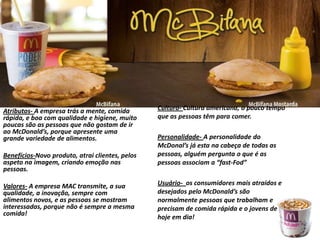 Atributos- A empresa trás a mente, comida        Cultura- Cultura americana, o pouco tempo
rápida, e boa com qualidade e higiene, muito     que as pessoas têm para comer.
poucas são as pessoas que não gostam de ir
ao McDonald’s, porque apresente uma
grande variedade de alimentos.                   Personalidade- A personalidade do
                                                 McDonal’s já esta na cabeça de todas as
Benefícios-Novo produto, atrai clientes, pelos   pessoas, alguém pergunta o que é as
aspeto na imagem, criando emoção nas             pessoas associam a “fast-Fod”
pessoas.

Valores- A empresa MAC transmite, a sua          Usuário- os consumidores mais atraídos e
qualidade, a inovação, sempre com                desejados pelo McDonald’s são
alimentos novos, e as pessoas se mostram         normalmente pessoas que trabalham e
interessadas, porque não é sempre a mesma        precisam de comida rápida e o jovens de
comida!
                                                 hoje em dia!
 