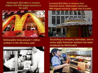 McDonald's' $24 billion in revenue
makes it the 90th-largest economy in
the world

McDonald's hires around 1 million
workers in the US every year

Counting $32 billion in revenue from
franchise stores, McDonald's claims the
68th biggest economy, bigger than Ecuador

According to company estimates, one in
every eight American workers has been
employed by McDonald's

 