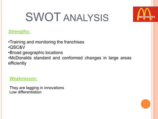 SWOT ANALYSIS
Strengths:
•Training and monitoring the franchises
•QSC&V
•Broad geographic locations
•McDonalds standard and conformed changes in large areas
efficiently
Weaknesses:
They are lagging in innovations
Low differentiation
 