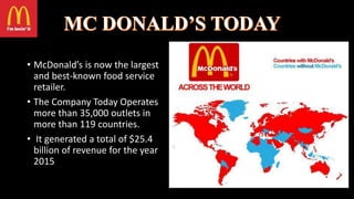 • McDonald’s is now the largest
and best-known food service
retailer.
• The Company Today Operates
more than 35,000 outlets in
more than 119 countries.
• It generated a total of $25.4
billion of revenue for the year
2015
 