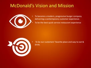 McDonald’s Vision and Mission
• To become a modern, progressive burger company
delivering a contemporary customer experience.
• To be the best quick service restaurant experience
• To be our customers’ favorite place and way to eat &
drink.
 