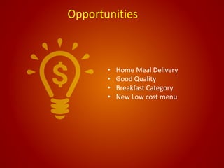 Opportunities
• Home Meal Delivery
• Good Quality
• Breakfast Category
• New Low cost menu
 