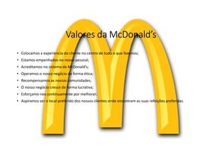 Valores da McDonald’s
• Colocamos a experiencia do cliente no centro de tudo o que fazemos;
• Estamos empenhados no nosso pessoal;
• Acreditamos no sistema da McDonald’s;
• Operamos o nosso negócio de forma ética;
• Recompensamos as nossas comunidades;
• O nosso negócio cresce de forma lucrativa;
• Esforçamo-nos continuamente por melhorar;
• Aspiramos ser o local preferido dos nossos clientes onde encontram as suas refeições preferidas.
 