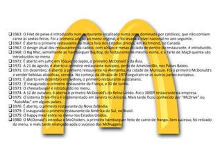 1963: O Filet de peixe é introduzido num restaurante localizado numa zona dominada por católicos, que não comiam
carne às sextas-feiras. Foi a primeira adição ao menu original, e foi levada a nível nacional no ano seguinte.
1967: É aberto o primeiro restaurante da marca fora dos Estados Unidos, em Richmond, no Canadá.
1967: O design atual dos restaurantes da cadeia, com sótãos e mesas do lado de dentro do restaurante, é introduzido.
1968: O Big Mac, semelhante ao hambúrguer Big Boy, do restaurante de mesmo nome, e a Tarte de Maçã quente são
introduzidos no menu.
1971: É aberto em julho em Tóquio no Japão, o primeiro McDonald´s da Ásia.
1971: A 21 de agosto, é aberto o primeiro restaurante europeu, perto de Amesterdão, nos Países Baixos.
1971: Em dezembro, é aberto o primeiro restaurante na Alemanha, na cidade de Munique. Foi o primeiro McDonald's
a vender bebidas alcoólicas, cerveja. No começo da década de 1970 seguiram-se os outros países europeus .
1971: É aberto em dezembro em Sydney, o primeiro restaurante australiano.
1972 : É inaugurado o primeiro restaurante da França, a 30 de Junho.
1973: O cheeseburger é introduzido no menu.
1974: A 12 de outubro, é aberto o primeiro McDonald's do Reino Unido. Foi o 3000º restaurante da empresa.
1975: O sistema Drive-Thru é implementado em Janeiro no Arizona. Mais tarde ficou conhecido por "McDrive" ou
"AutoMac" em alguns países.
1976: É aberto, o primeiro restaurante da Nova Zelândia.
1979: É inaugurado o primeiro restaurante da América do Sul, no Brasil.
1979: O happy meal entra no menu nos Estados Unidos.
1980: O McDonald's introduz o McChicken, o primeiro hamburguer feito de carne de frango. Sem sucesso, foi retirado
do menu, e mais tarde relançado após o sucesso dos McNuggets.
 