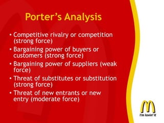 Porter’s Analysis
• Competitive rivalry or competition
(strong force)
• Bargaining power of buyers or
customers (strong force)
• Bargaining power of suppliers (weak
force)
• Threat of substitutes or substitution
(strong force)
• Threat of new entrants or new
entry (moderate force)
 