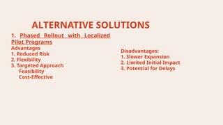 ALTERNATIVE SOLUTIONS
Disadvantages:
1. Slower Expansion
2. Limited Initial Impact
3. Potential for Delays
1. Phased Rollout with Localized
Pilot Programs
Advantages
1. Reduced Risk
2. Flexibility
3. Targeted Approach
Feasibility
Cost-Effective
 