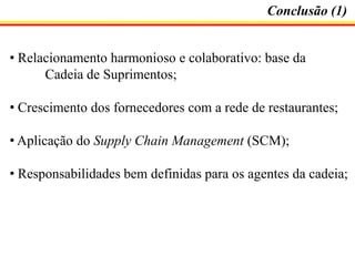 Conclusão (1)
• Relacionamento harmonioso e colaborativo: base da
Cadeia de Suprimentos;
• Crescimento dos fornecedores com a rede de restaurantes;
• Aplicação do Supply Chain Management (SCM);
• Responsabilidades bem definidas para os agentes da cadeia;

 