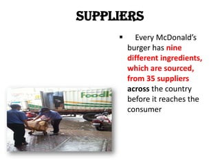 Suppliers
 Every McDonald’s
burger has nine
different ingredients,
which are sourced,
from 35 suppliers
across the country
before it reaches the
consumer
 