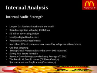 Internal Analysis
Internal Audit-Strength
• Largest fast food market share in the world
• Brand recognition valued at $40 billion
• $2 billion advertising budget
• Locally adapted food menus
• Partnerships with best brands
• More than 80% of restaurants are owned by independent franchisees
• Children targeting
• Strong Global Presence (located in over- 100 countries)
• Strong Real Estate Portfolio
• Revenue Growth 9% (Above Industry Average of 7.5%)
• The Ronald McDonald House (Children Charity)
• Systemization and Duplication (Consistency)
37
 